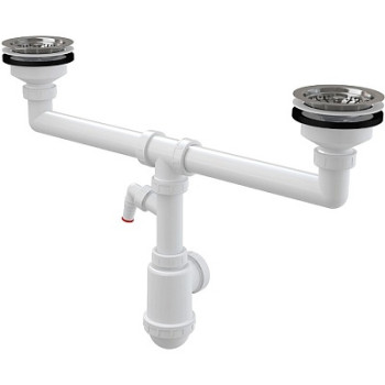 сифон д/мойки 1.1/2"х40/50 двойнной с нерж. решетками д.115 и отводом д/быт.техники A453P Alcadrain