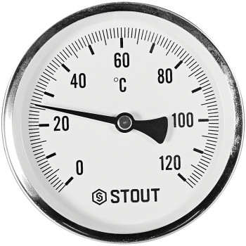 Термометр биметаллический осевой с погружной гильзой STOUT корпус Dn 100 мм, гильза 100 мм 1/2 , 0...120°С