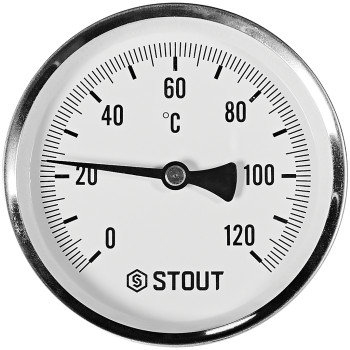 Термометр биметаллический осевой с погружной гильзой STOUT корпус Dn 100 мм, гильза 75 мм 1/2 , 0...120°С