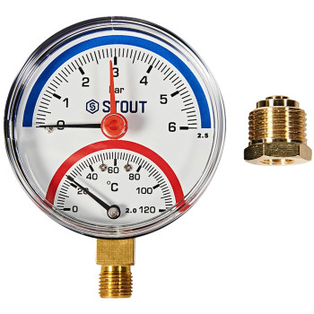 Термоманометр радиальный STOUT в комплекте с автоматическим запорным клапаном, корпус Dn 80 мм 1/2 , 0...120°C, 0-6 бар