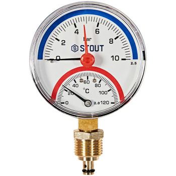 Термоманометр радиальный STOUT в комплекте с автоматическим запорным клапаном, корпус Dn 80 мм 1/2 , 0...120°C, 0-10 бар