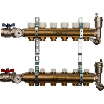 Распределительный коллектор из латуни без расходомеров STOUT 6 выходов, SMB 0468 000006