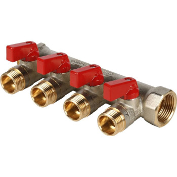 Коллектор с шаровыми кранами STOUT 3/4 , 4 отвода 1/2 (красные ручки), SMB 6200 341204