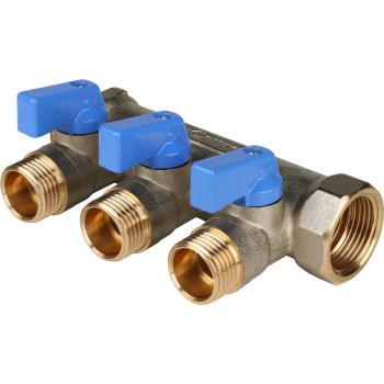 Коллектор с шаровыми кранами STOUT 3/4 , 3 отвода 1/2 (синие ручки), SMB 6201 341203