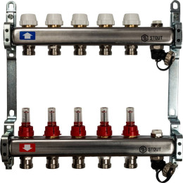 Коллектор из нержавеющей стали с расходомерами, с клапаном вып. воздуха и сливом STOUT 5 выходов, SMS-0927-000005