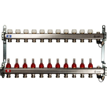 Коллектор из нержавеющей стали с расходомерами, с клапаном вып. воздуха и сливом STOUT 11 выходов, SMS-0927-000011