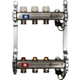 Коллектор из нержавеющей стали без расходомеров, с клапаном вып. воздуха и сливом STOUT 3 выхода, SMS-0932-000003