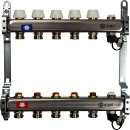 Коллектор из нержавеющей стали без расходомеров, с клапаном вып. воздуха и сливом STOUT 5 выходов, SMS-0932-000005