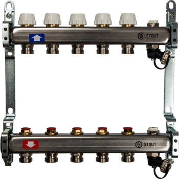 Коллектор из нержавеющей стали без расходомеров, с клапаном вып. воздуха и сливом STOUT 5 выходов, SMS-0932-000005