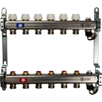 Коллектор из нержавеющей стали без расходомеров, с клапаном вып. воздуха и сливом STOUT 6 выходов, SMS-0932-000006