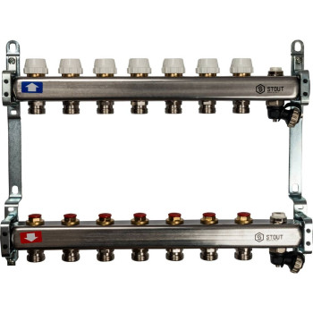 Коллектор из нержавеющей стали без расходомеров, с клапаном вып. воздуха и сливом STOUT 7 выходов, SMS-0932-000007