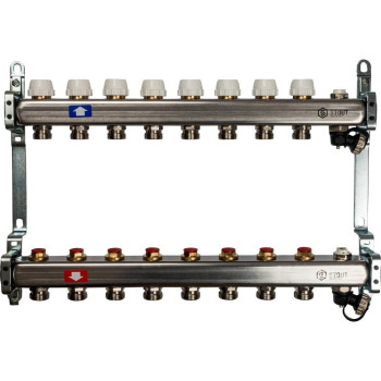 Коллектор из нержавеющей стали без расходомеров, с клапаном вып. воздуха и сливом STOUT 8 выходов, SMS-0932-000008
