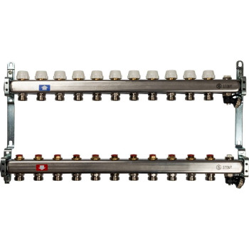 Коллектор из нержавеющей стали без расходомеров, с клапаном вып. воздуха и сливом STOUT 11 выходов, SMS-0932-000011