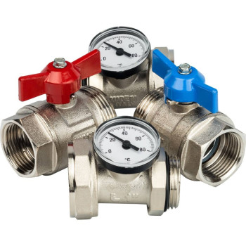Комплект прямых шаровых кранов STOUT с термометрами 1”, SMS-1000-030001