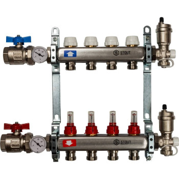 Коллектор из нержавеющей стали в сборе с расходомерами STOUT 4 выхода, SMS 0907 000004