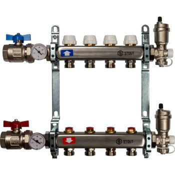 Коллектор из нержавеющей стали в сборе без расходомеров STOUT 4 выхода, SMS 0912 000004