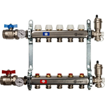 Коллектор из нержавеющей стали в сборе без расходомеров STOUT 5 выходов, SMS 0912 000005