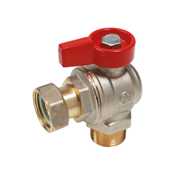 Кран шаровой угловой полнопроходной для котлов и счетчиков, НР 3/4"M x 3/4"гайка, ручка-флажок