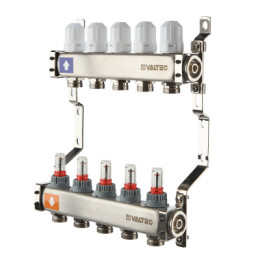 Коллекторный блок из нержавеющей стали с регулирующими клапанами и расходомерами без сервисной группы 1", 10 x 3/4", "евроконус"