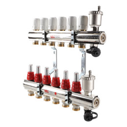 Коллекторный блок латунный с регулирующими клапанами и расходомерами 1", 7 x 3/4", "евроконус"